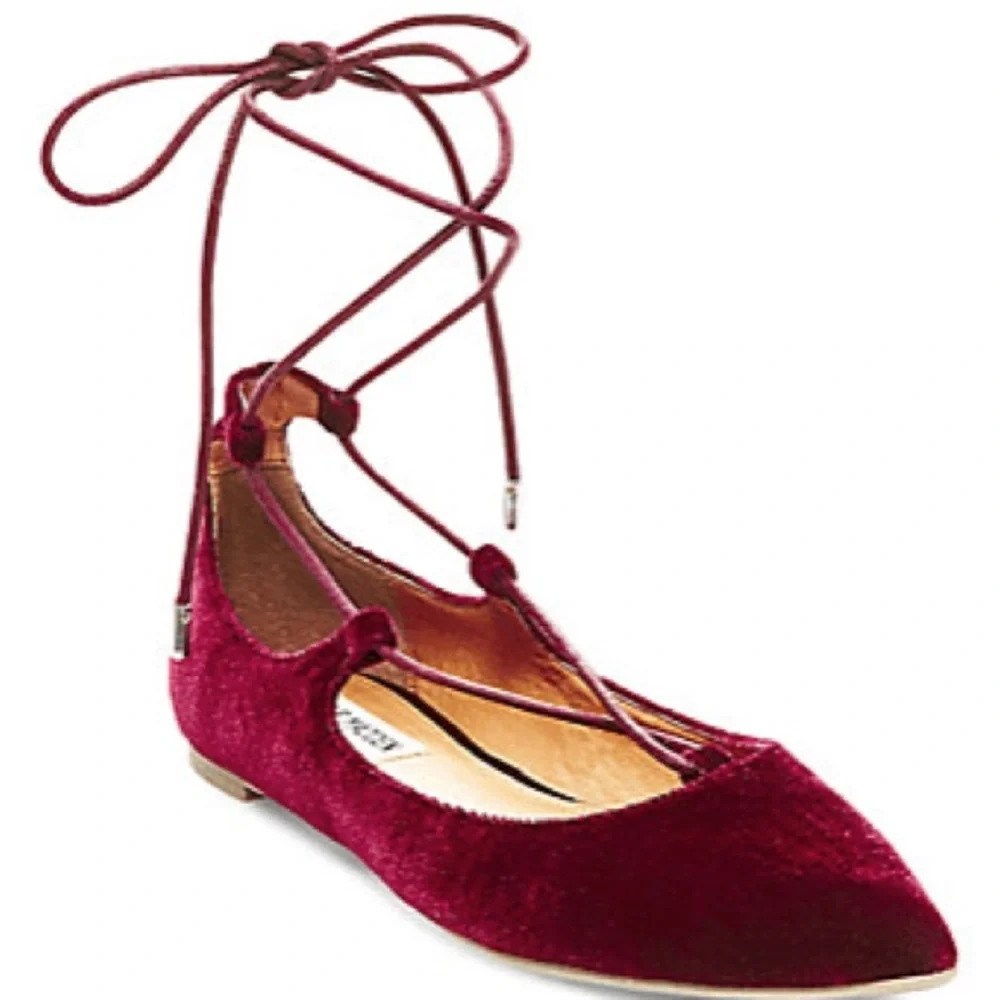 Steve Madden Burgundy Tie Up Holiday Christmas Velvet Ballet Flats | Size 7 - Picture 1 of 8
